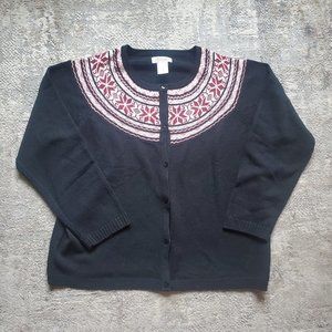 VTG Haband Button Cardigan Women's XL Black and Red Snowflakes Acrylic Fair Isle